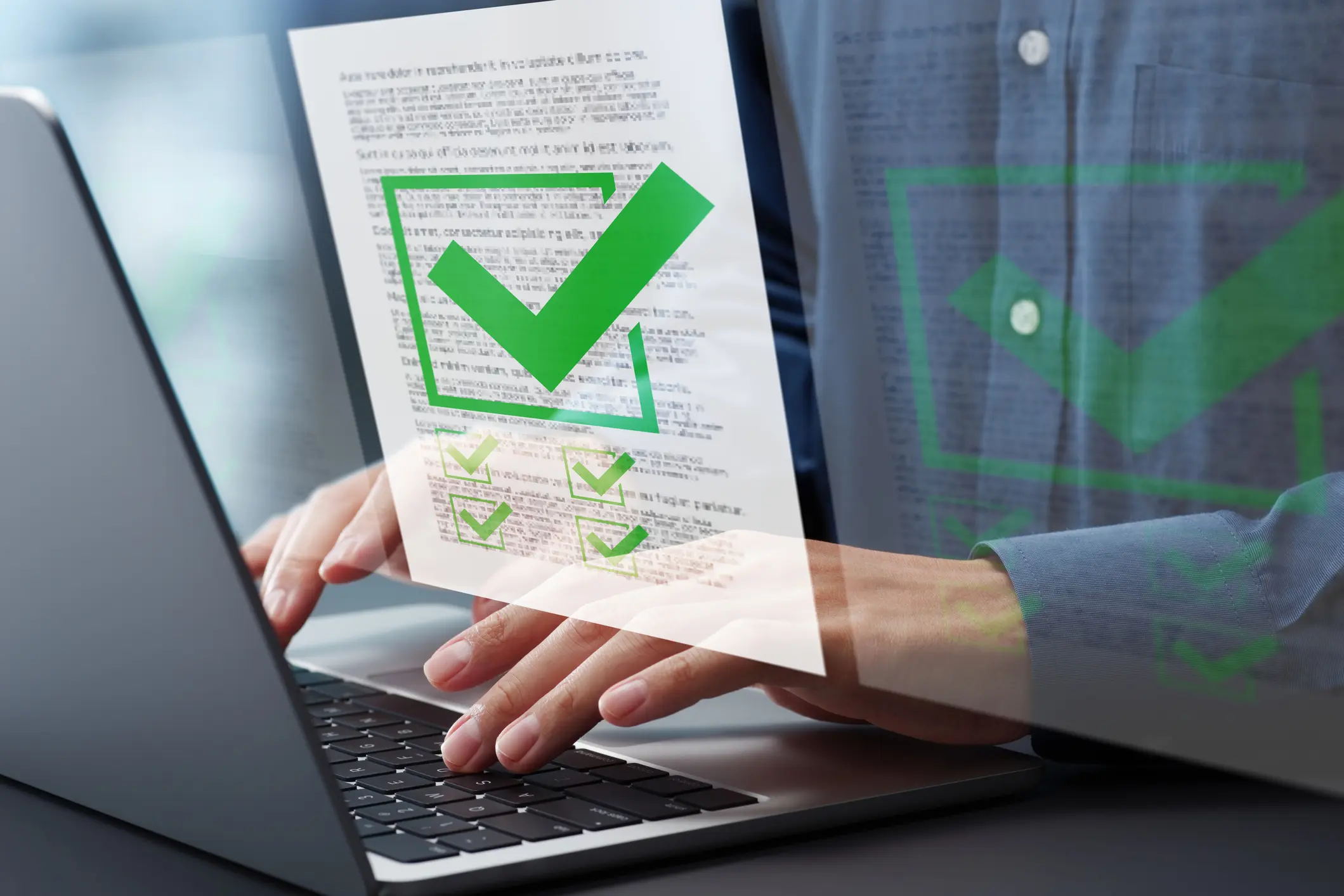 Preparation of documents. Documents and checkmark. Compliance and documentation. Hands typing on laptop computer keyboard. Businessman working at desk in office.