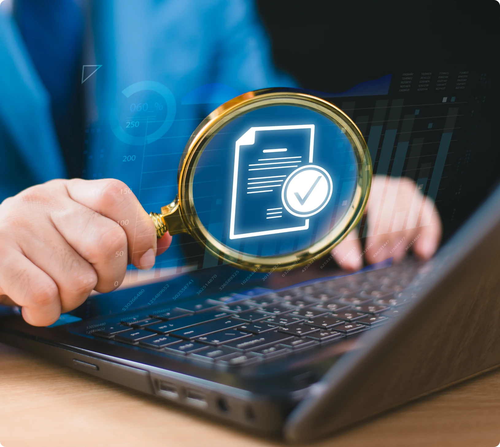 Magnifying glass over digital document icon